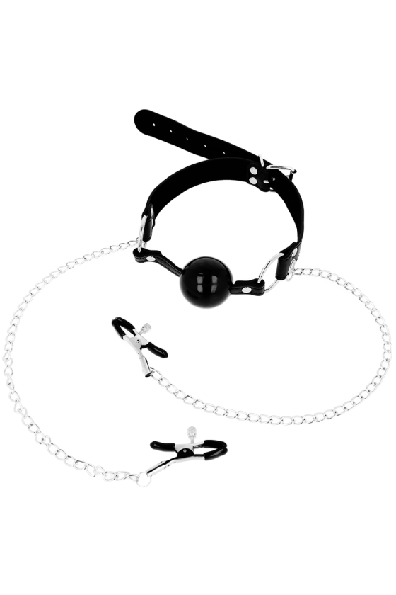 OHMAMA FETISH - MORDAZA BOLA NEGRA CON PINZAS PEZONES