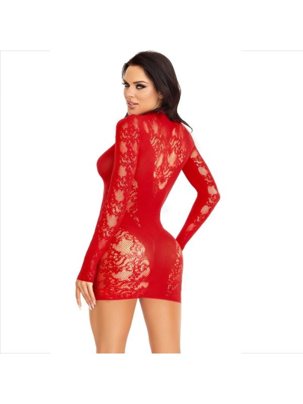 LEG AVENUE - MINI VESTIDO DE ENCAJE CON MANGA LARGA ROJO